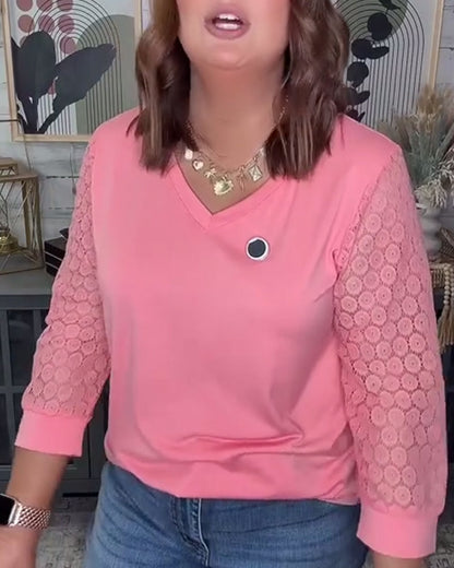 Three-Quarter Sleeve Lace Panel V-Neck Blouse