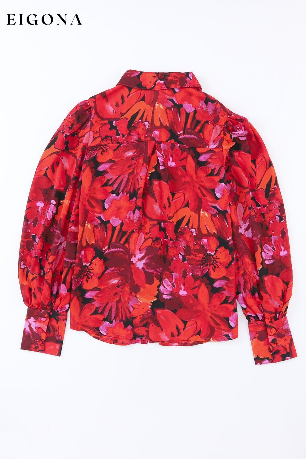 Red Floral Print Lantern Sleeve Shirt All In Stock clothes clothing long sleeve shirts long sleeve top Occasion Daily Print Floral Season Spring shirt shirts Style Elegant top tops