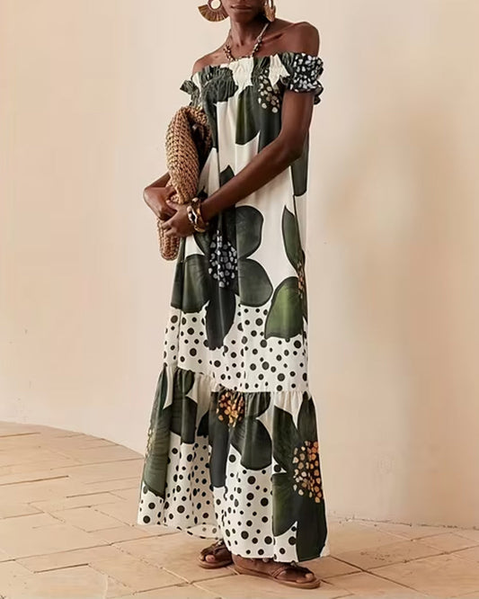 One Shoulder Polka Dot Floral Maxi Dress