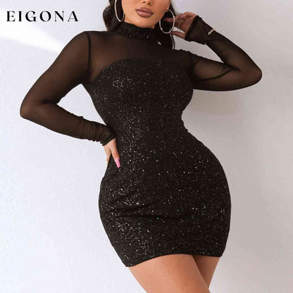 Sequin Mock Neck Mesh Dress clothes D%W Ship From Overseas