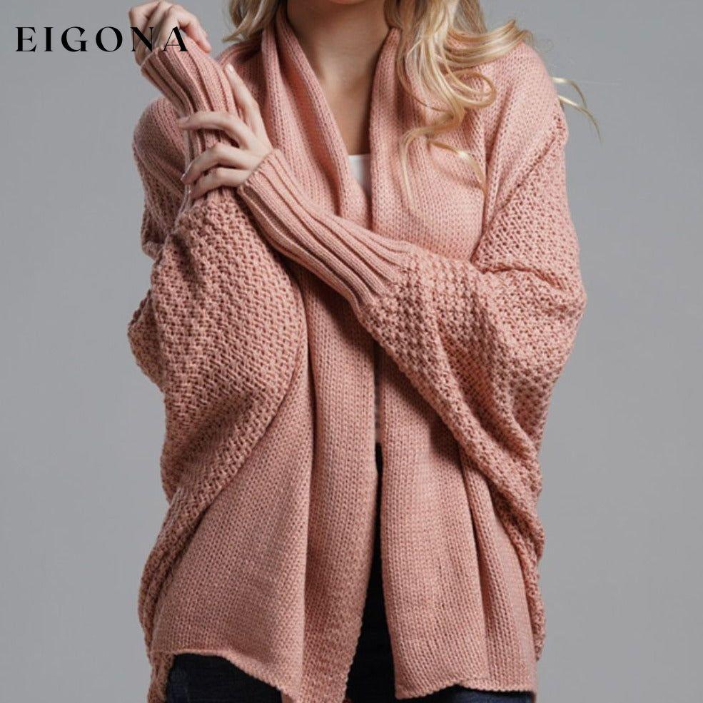 Double Take Sleeve Open Front Ribbed Trim Longline Cardigan Pink One Size cardigan cardigans clothes Double Take Ship From Overseas sweaters