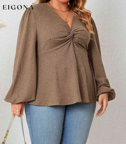 Plus Size Twist Front Balloon Sleeve Blouse Taupe clothes HS long sleeve long sleeve shirts long sleeve top Ship From Overseas shirt shirts top tops