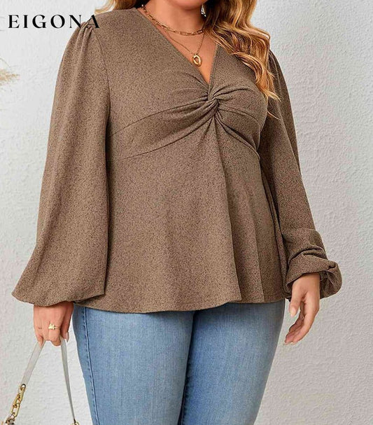 Plus Size Twist Front Balloon Sleeve Blouse Taupe clothes HS long sleeve long sleeve shirts long sleeve top Ship From Overseas shirt shirts top tops