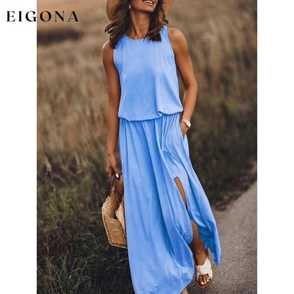 Women's Round Neck Sleeveless Dress Slit Multicolor Solid Color Long Dress Sky blue azure Clothes dresses maxi dress