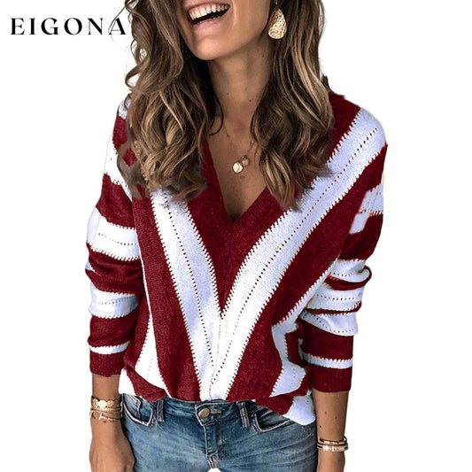Color Block Striped V Neck Sweater for Women Long Sleeve Knit Pullover Jumper Tops Red __stock:50 clothes refund_fee:1200 tops