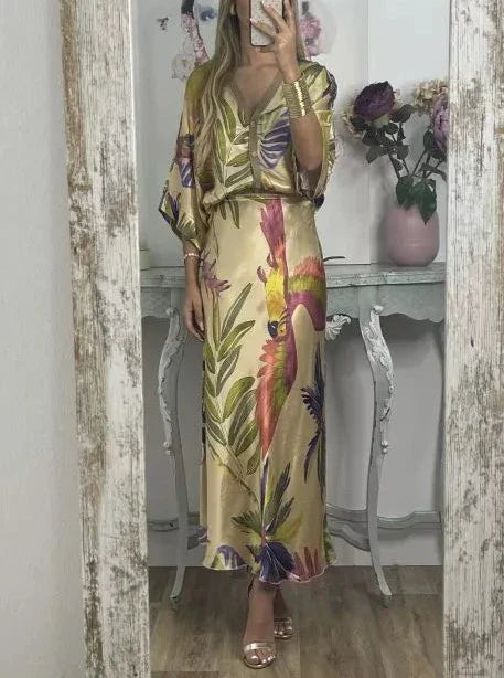 Elegant V-Neck Two-Piece Dress Yellow casual dress casual dresses dress DRESSES maxi dress two TWO PIECES SETS TWO-PIECES