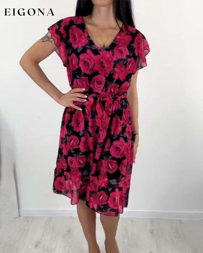 Short-sleeved rose print dress casual dress elegant dress spring summer