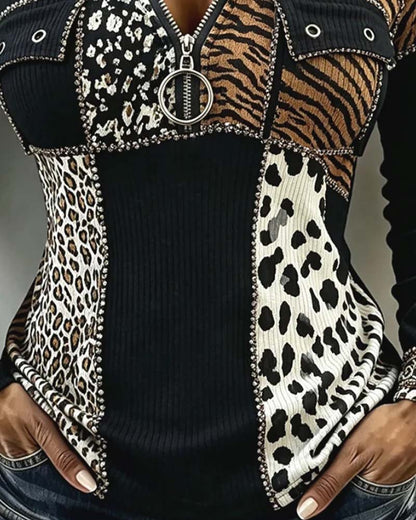 Leopard Patchwork Half Zip Hooded Top