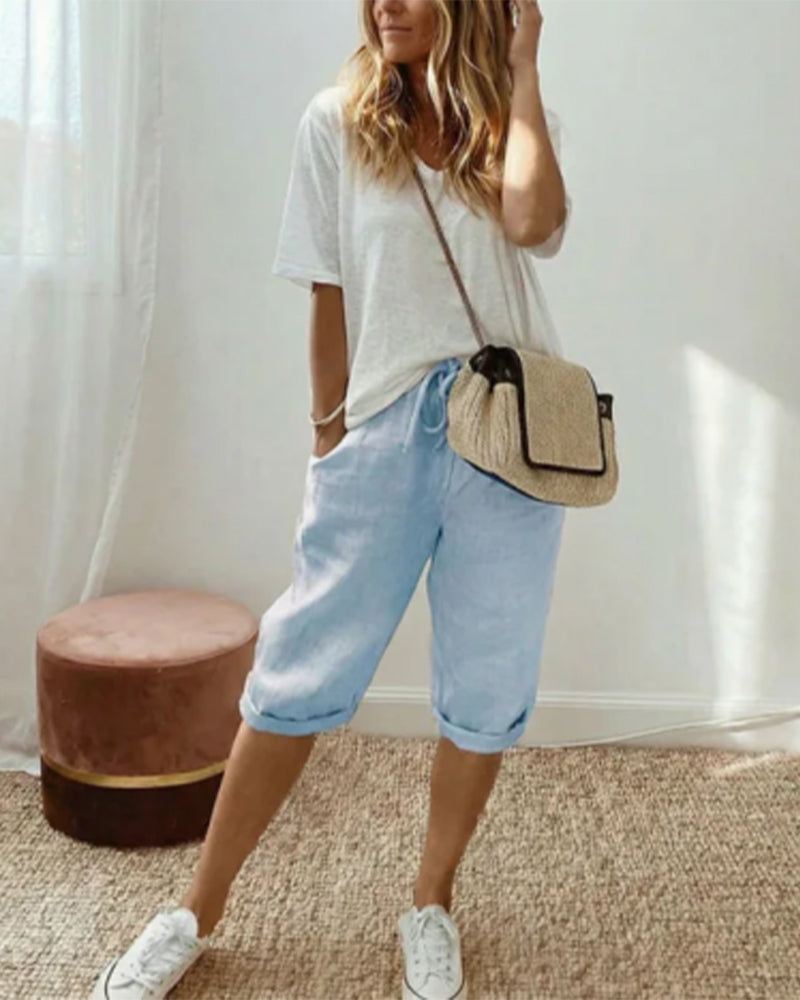 Solid color drawstring comfortable trousers