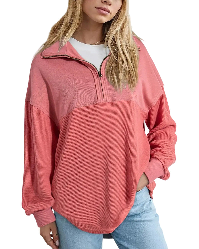 Half Zip Waffle Patchwork Sweatshirt