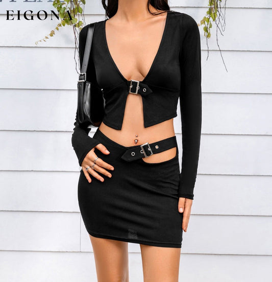 Cropped Top and Cutout Skirt Set Black 2 piece B@H@S@D clothes cropped top set set Ship From Overseas Shipping Delay 09/29/2023 - 10/04/2023 ShippingDelay 09/29/2023 - 10/04/2023 skirt set