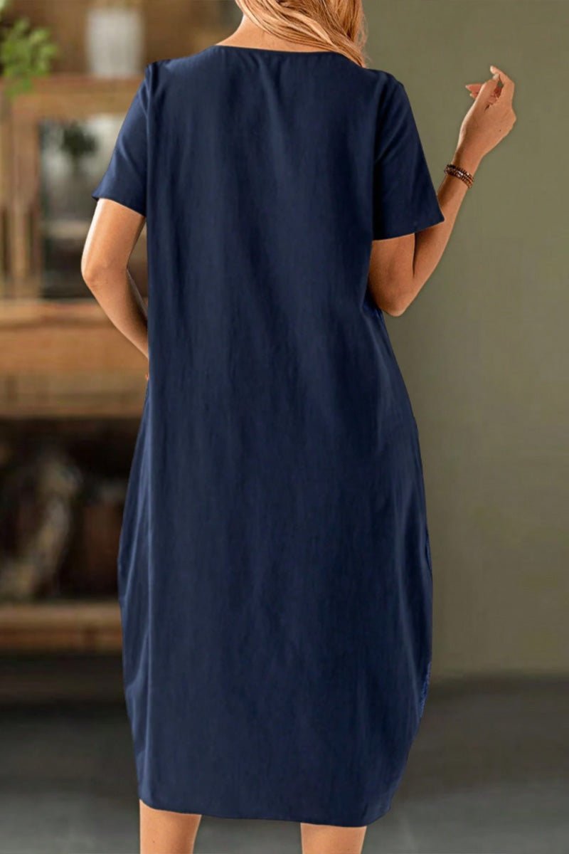 Buttoned Short Sleeve Pocket Shift Dress