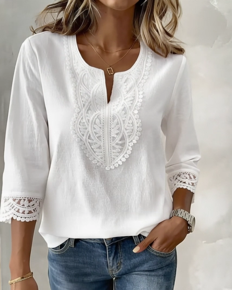 Solid-Color V-Neck Paneled Blouse