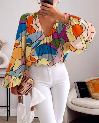 Colorful printed V-neck lantern sleeves blouse blouses & shirts spring summer