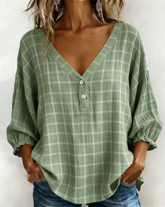 V-Neck Plaid Loose Top blouses & shirts spring summer