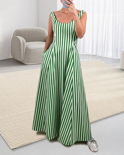 Casual vertical stripe printed sleeveless pocket dress 202466 casual dresses summer