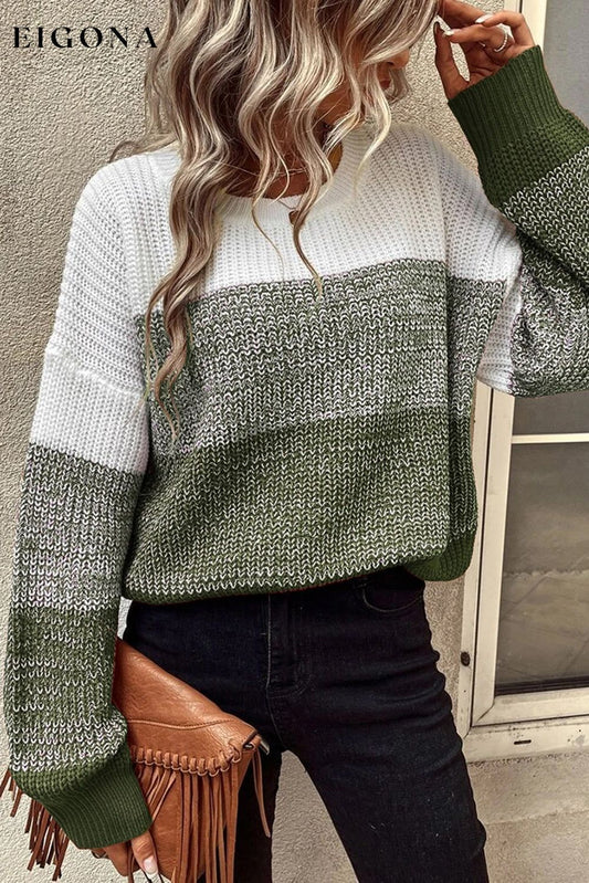 Pickle Green Color Block Drop Shoulder Ribbed Trim Sweater Pickle Green 100%Acrylic All In Stock clothes EDM Monthly Recomend Occasion Daily Print Color Block Season Fall & Autumn Style Casual Style Modern sweater sweaters Sweatshirt