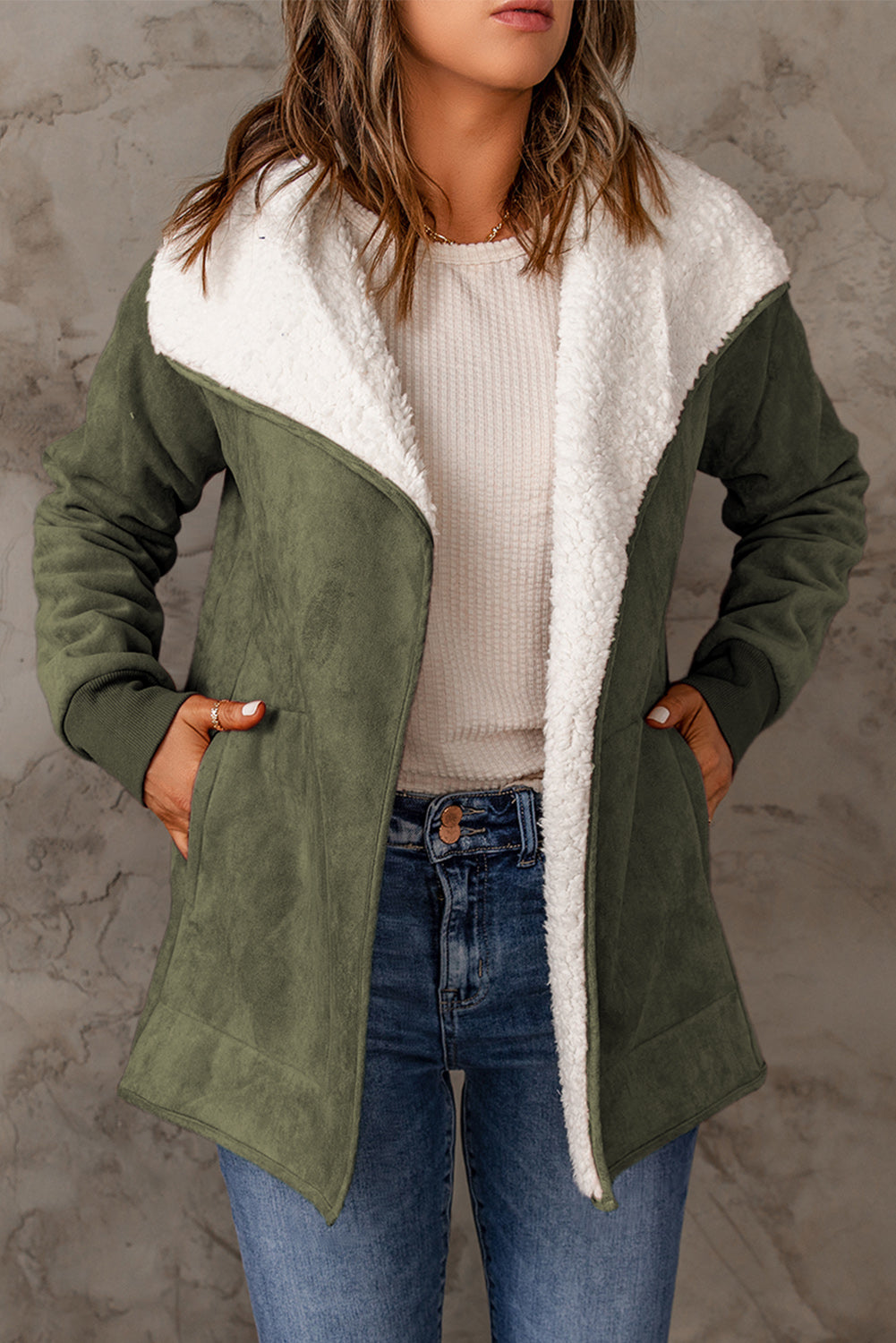 Green Faux Suede Fleece Lined Open Front Jacket Green 100%Polyester clothes Color Green DL Chic DL Exclusive Fabric Fleece Jackets & Coats Occasion Daily Print Solid Color Season Winter Style Casual