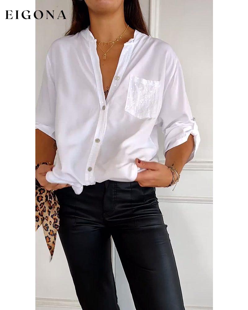 Paneled sequin button casual top blouses & shirts spring summer