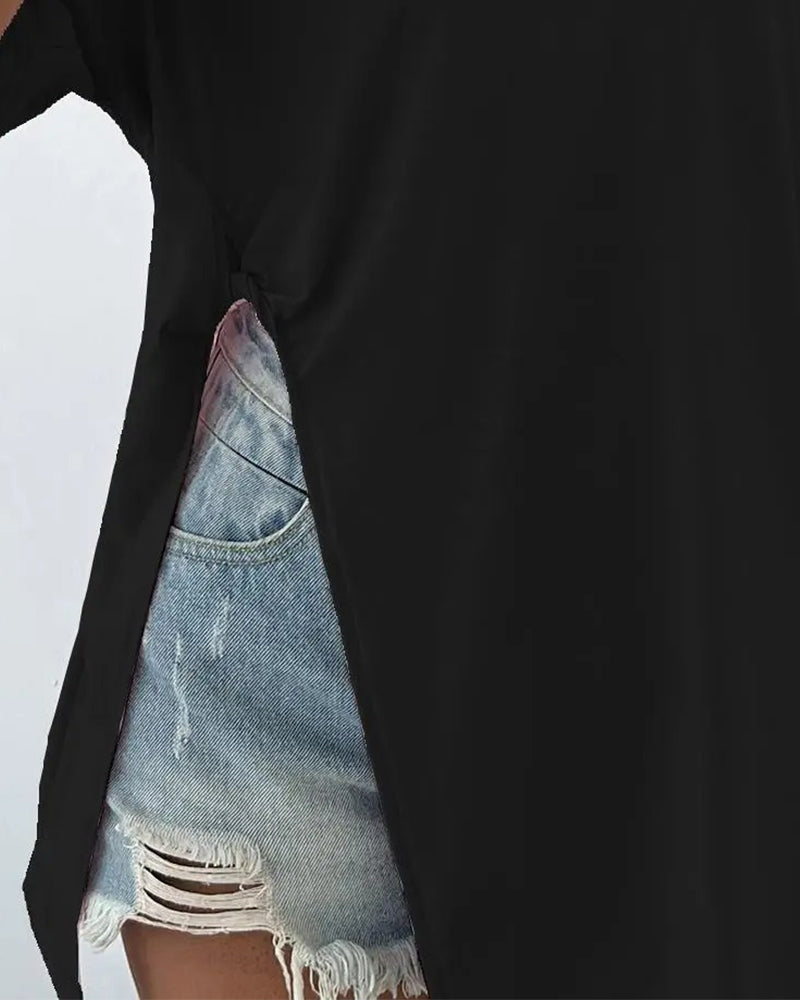 Round Neck Split Short Sleeve T-Shirt