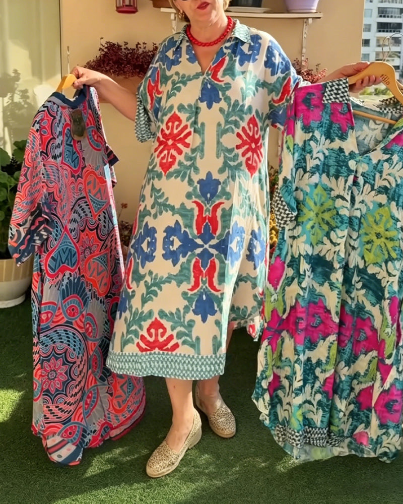 Bohemian Print Loose Fit Shirt Dress