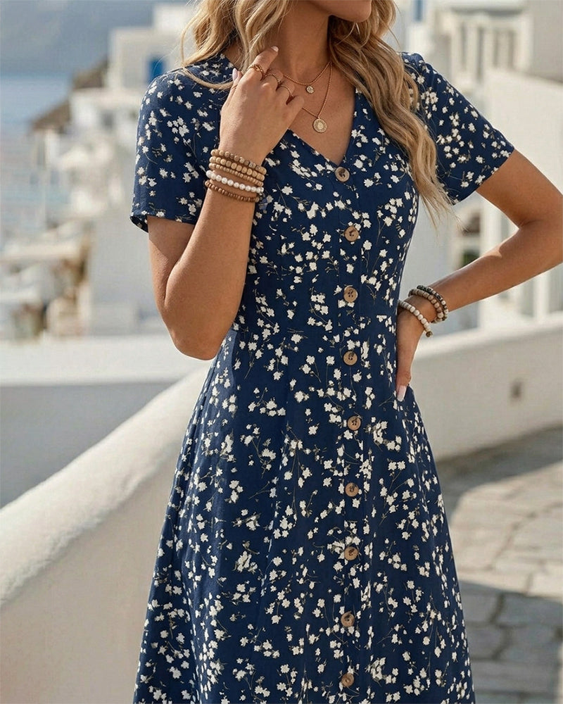 V-Neck Button Waist-Cinched A-Line Dresses