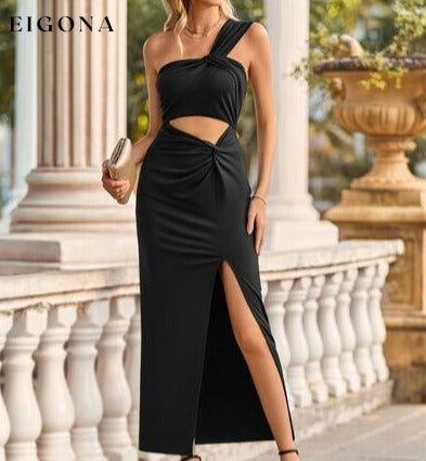One Shoulder Cutout Twisted Slit Dress Black Clothes dress dresses evening dress evening dresses maxi dress maxi dresses S.N Ship From Overseas