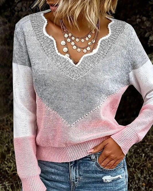 V Neck Color Block Pullover Pink 2023 f/w 23BF clothes spring Sweaters sweaters & cardigans Tops/Blouses