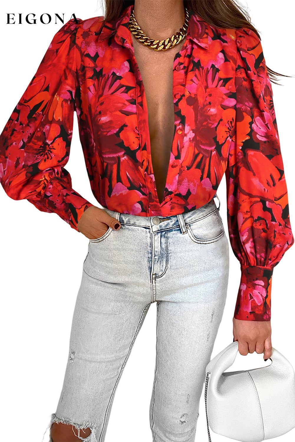 Red Floral Print Lantern Sleeve Shirt All In Stock clothes clothing long sleeve shirts long sleeve top Occasion Daily Print Floral Season Spring shirt shirts Style Elegant top tops