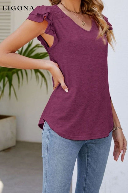 Smocked Flutter Sleeve V-Neck Top clothes Lamy Ship From Overseas Shipping Delay 09/29/2023 - 10/02/2023 shirt shirts short sleeve top tops trend