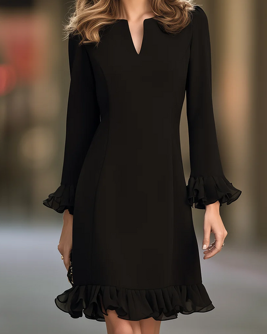 Elegant V-Neck Long Sleeve Ruffle Hem Dress 2024 f/w casual dresses