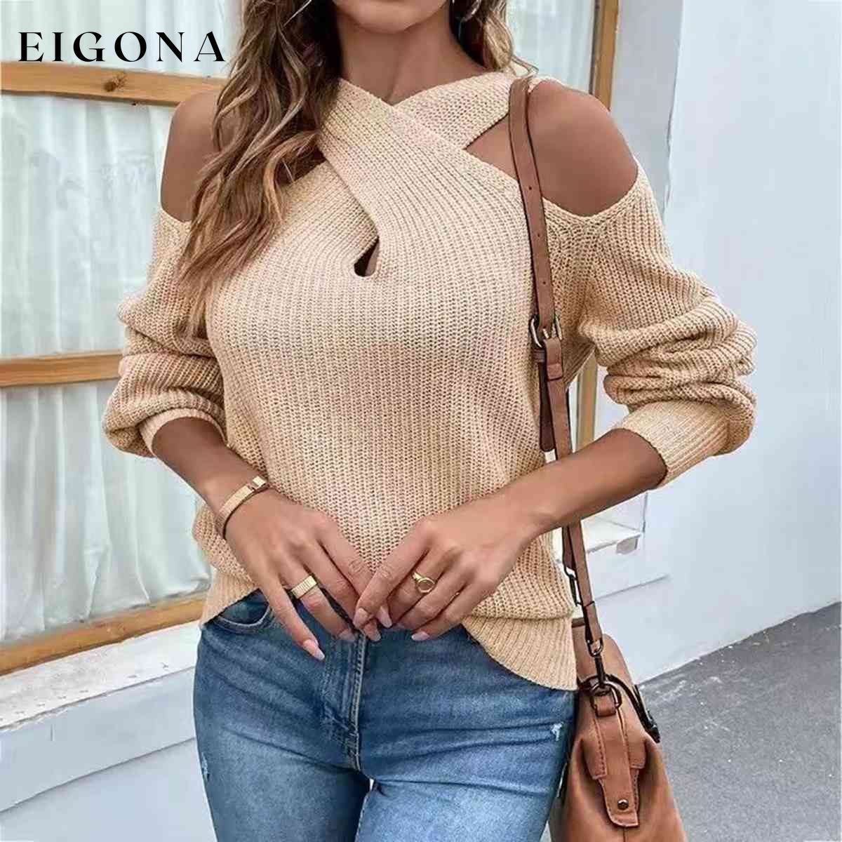 Crisscross Cold-Shoulder Sexy Sweater Cream clothes long sleeve shirts long sleeve top Ship From Overseas Shipping Delay 10/01/2023 - 10/02/2023 shirt shirts sweater sweaters top tops Y*X