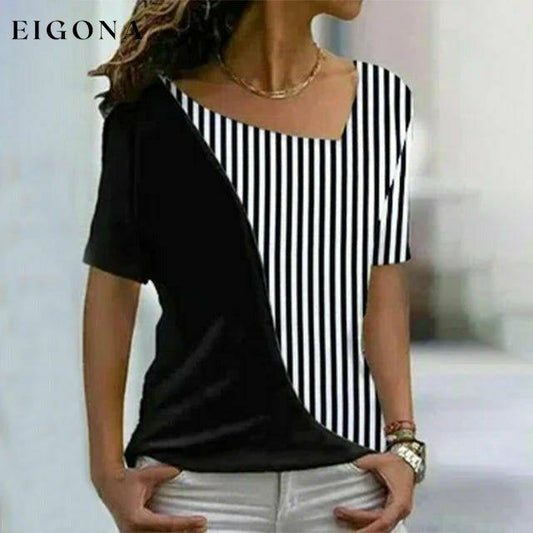 Striped Print Contrast Color T-Shirt Black best Best Sellings clothes Plus Size Sale tops Topseller
