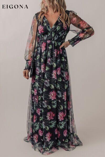 Somcked Floral V-Neck Long Sleeve Maxi Dress clothes dress dresses long sleeve dress long sleeve dresses maxi dress Ship From Overseas SYNZ