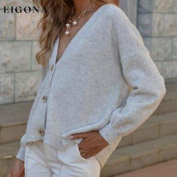 Button Up V-Neck Long Sleeve Sweater Cardigan Light Gray cardigan cardigans clothes Romantichut Ship From Overseas sweater sweaters Sweatshirt