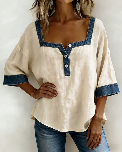 Denim-Paneled Cotton-Linen Top with Square Neckline