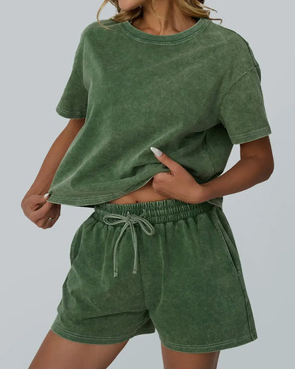 Washed Vintage Crew Neck Casual Set