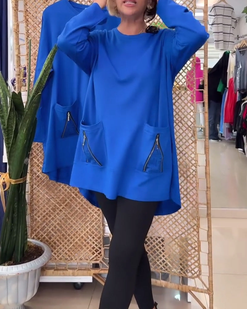 Felpa con scollo tondo e tasca con cerniera tinta unita