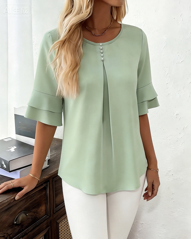 Crewneck Faux Pearl Button Ruffle Blouse