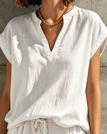 Sleeveless V-Neck Blouse with Drawstring Elastic Waist Pants Set