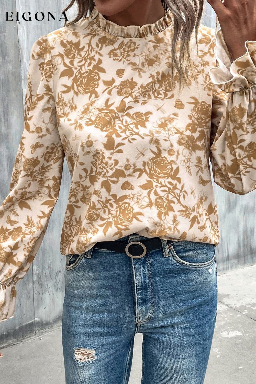 White Floral Print Frilled Neckline Flounce Sleeve Blouse clothes long sleeve shirt long sleeve shirts long sleeve top long sleeve tops shirt shirts top tops Tops/Blouses