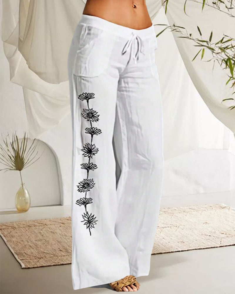 Casual floral print lace-up pocket wide-leg pants 202466 pants spring summer