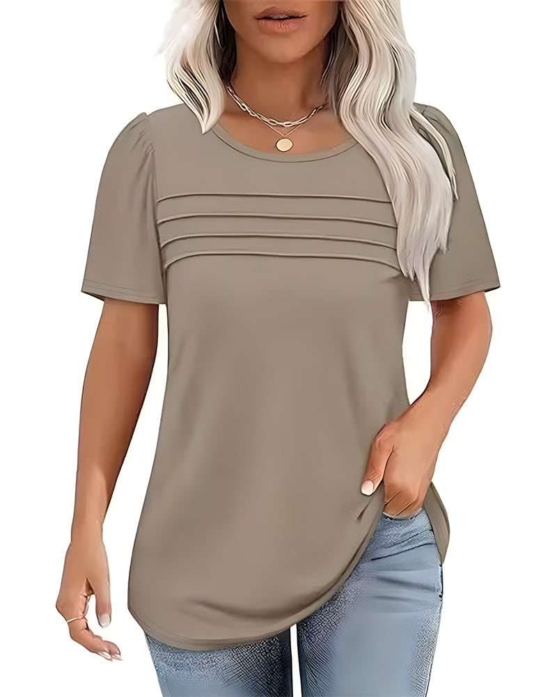 Pleated Loose Round Neck Short Sleeve T-Shirt