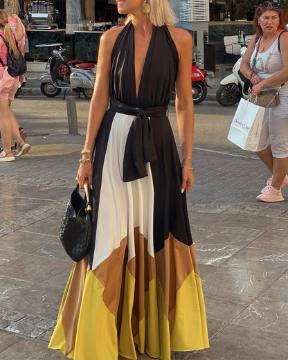 Abito lungo sexy con stampa a contrasto e scollo a V profondo