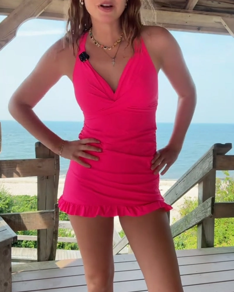 Solid Color Knotted Swimdress Two Piece Tankini