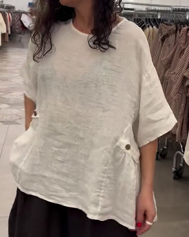 Crewneck Side Button Loose Fit Blouse