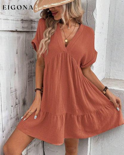 Short-sleeved patchwork V-neck solid color dress casual dresses summer