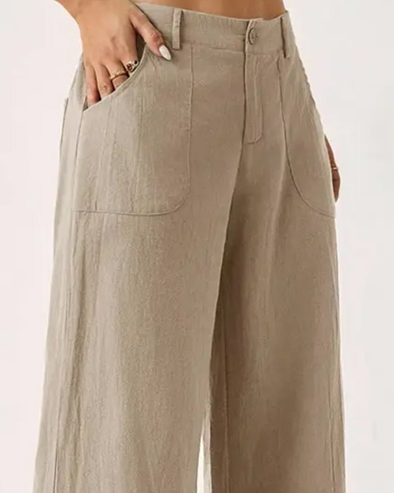 Elastic Waist Pocket Casual Wide Leg Pants