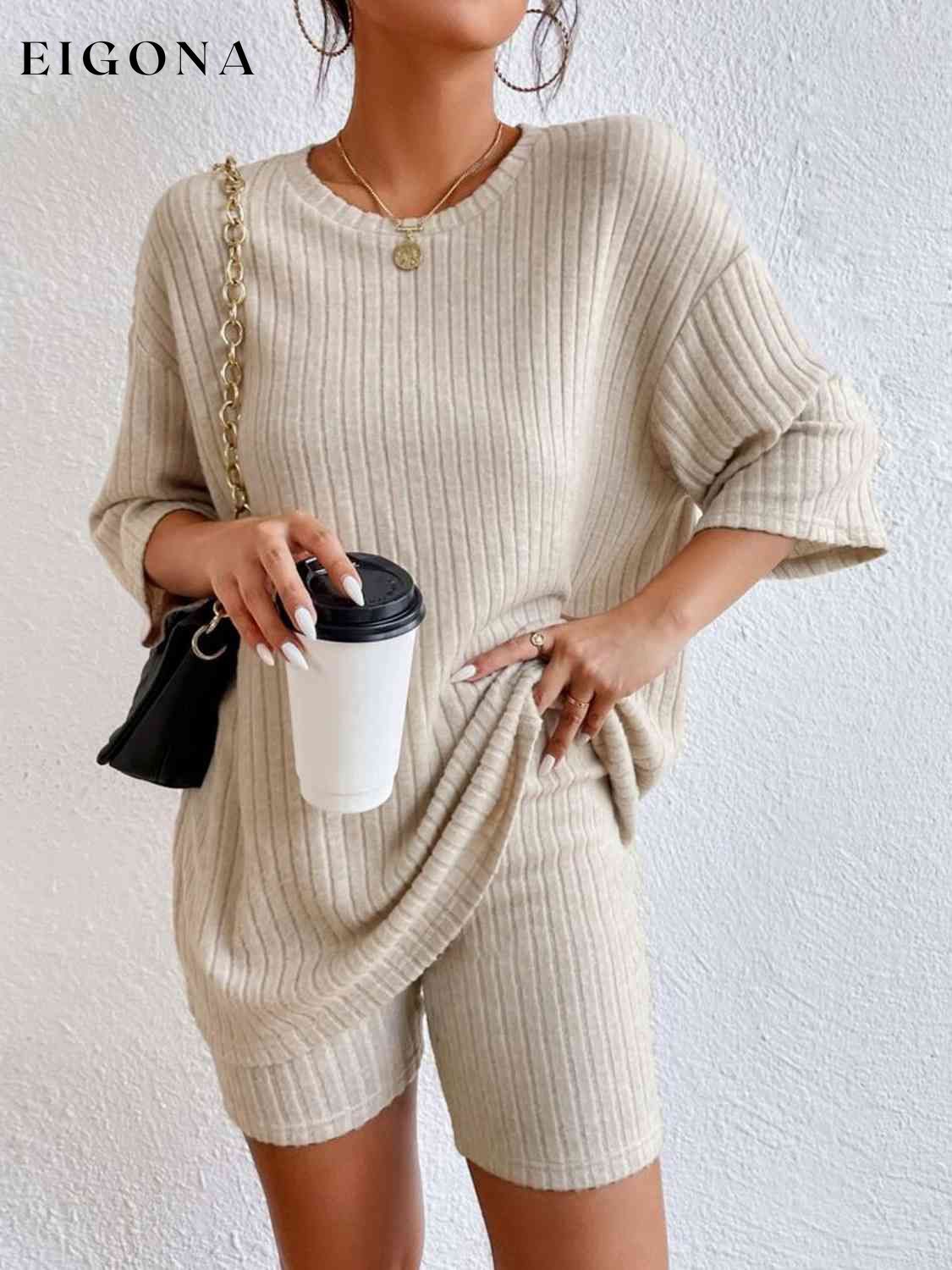 Ribbed Round Neck Top and Shorts Set Ivory 2 pieces clothes pants set set Ship From Overseas Shipping Delay 09/29/2023 - 10/03/2023 sweater set Y@L@Y