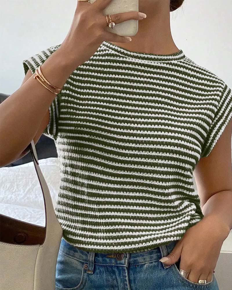 Stripe Crewneck Short Sleeve Casual Top